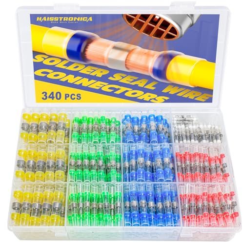 340PCS Solder Seal Wire Connectors-haisstronica Marine Grade Heat Shrink Wire Connectors-Butt Splice Wire Terminals for Marine,Electrical with Corrosion and Weatherproof(5Colors/5Sizes) - style: 340PCS