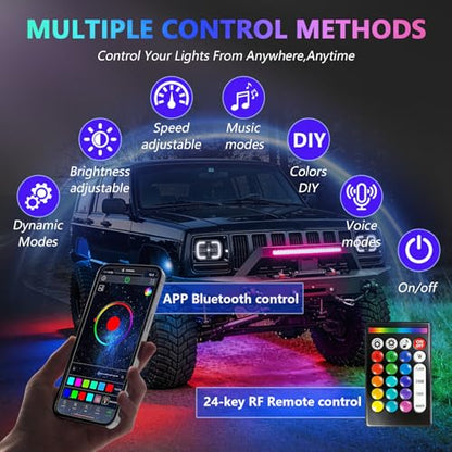 MONDEVIEW 8 Pods RGB LED Rock Lights for Jeeps Trucks Golf Carts & UTVs, Waterproof Underglow Kit with APP Control, Music Mode, 12V Underbody Neon Lights for Cars, ATV, RZR, SUV, Offroad Vehicles