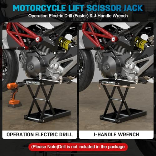 Heavy-Duty Motorcycle Lift Stand, Black Steel, 1100 LBS Capacity | Wide Anti-Slip Deck, J Crank Handle & Socket, Scissor Lift Design, For Cruisers, Dirt Bikes, Street Bikes, ATVs