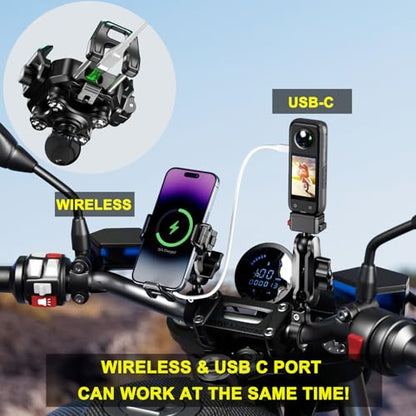 iMESTOU Motorcycle Wireless USB C Phone Mount Anti-Vibration, Anti-Theft 1" Ball Qi Phone Mount Suitable for 5.2"-7.2" Up to 15mm Thick Phones, Fits for 22-32mm Handlebars, Works with 12-24V Vehicles