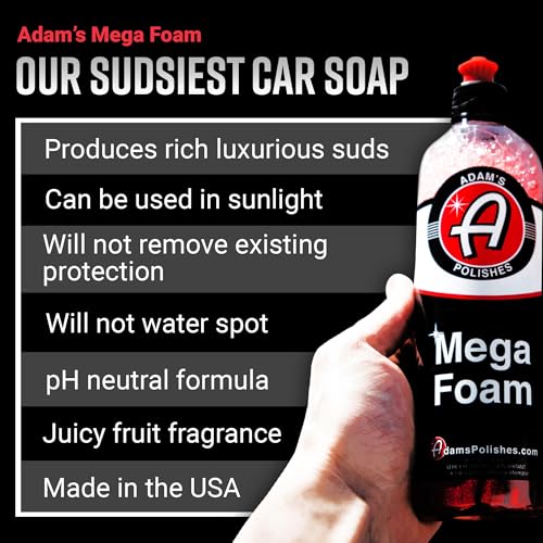 Adam’s Mega Foam (16oz) - pH Neutral Car Soap For Car Washing, Concentated For Wash Bucket, Foam Gun, Won't Strip Car Wax or Ceramic Coatings - size: 16 fl. oz