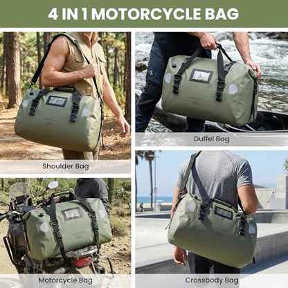HOMIEE 40L Waterproof Duffel Bag, Waterproof Motorcycle Dry Travel Bag Tail Bag with Roll Top Closure & Shoulder Straps Outer Mesh Zipper Pocket for Camping, Kayaking, Fishing & Traveling - color: Green