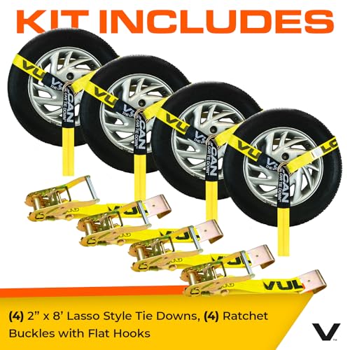 VULCAN Car Tie Down with Flat Hooks - Lasso Style - 2 Inch x 96 Inch - 4 Pack - Classic Yellow - 3,300 Pound Safe Working Load - size: Flat Hooks - Classic Yellow (4 Pack)