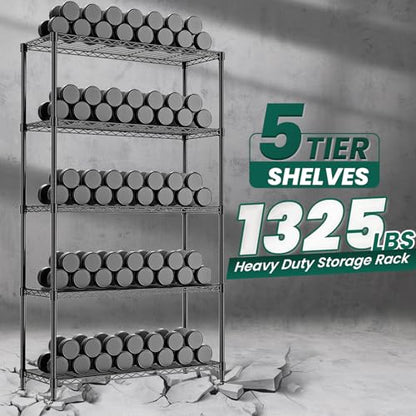 5-Tier Storage Shelves 72" H Wire Shelving, Adjustable Metal Shelving Pantry Shelves, 1325LBS Heavy Duty Rack with Shelf Liners for Garage Commercial Kitchen, 36" W x 14" D x 72" H, Black - size: 36" W x 14" D x 72" H-5 Tier