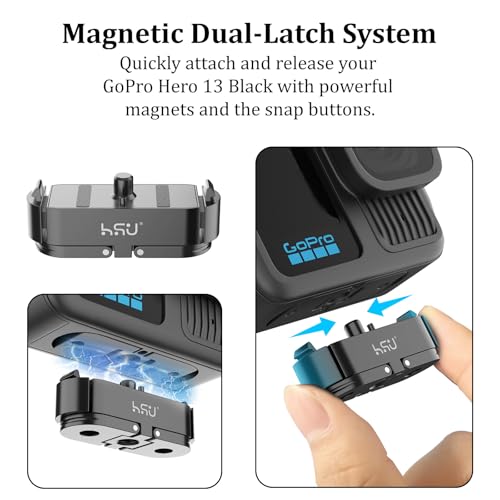 HSU Magnetic Latch Mount for GoPro Hero 13 Black/GoPro Max 2, Quick Release Mount with 1/4''-20 Screw Hole Tripod Connector Port, Metal Dual-Latch Design, GoPro Mission 1/1 PRO Accessory