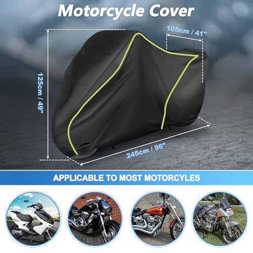 X AUTOHAUX 245cm/96" Motorcycle Cover Waterproof for Kawasaki Vulcan 900 Classic/Vulcan 1700 Nomad Heavy Fabric Outdoor Sun UV Rain Dust All Weather Protection Motorbike Cover Black - size: 245*105*125cm