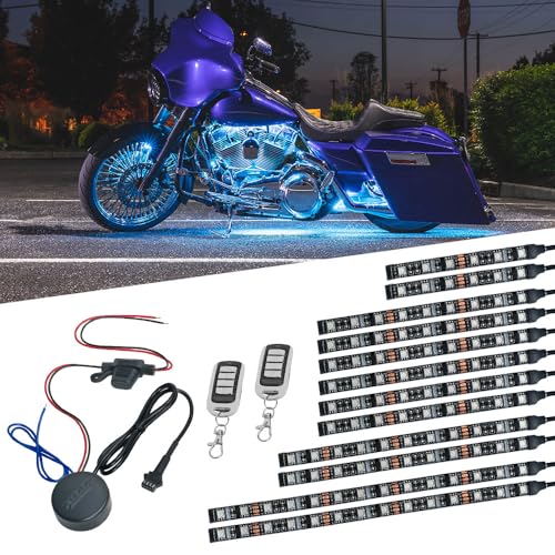 LEDGlow 12pc Advanced Million Color LED Motorcycle Accent Underlow Light Kit - 15 Solid Colors - 6 Patterns - Multi-Color Flexible Strips - Includes Waterproof Control Box & 2 Wireless Remotes