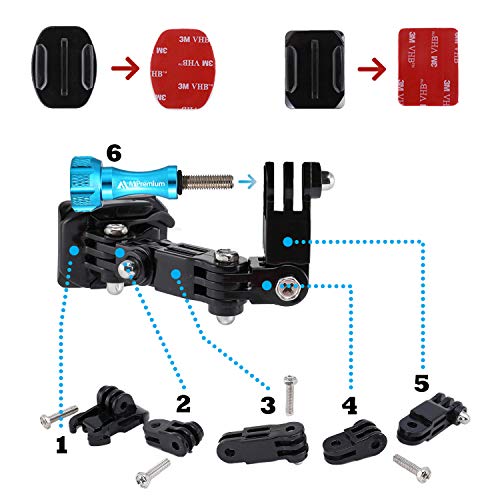 MiPremium Motorcycle Helmet Chin Mount Kits for GoPro Hero 13 12 11 10 9 8 7 6 5 4 3 Black Silver Session, AKASO/Campark & Other Action Camera Swivel Aluminium Screw Flat Curved Adhesive Pads & J Hook