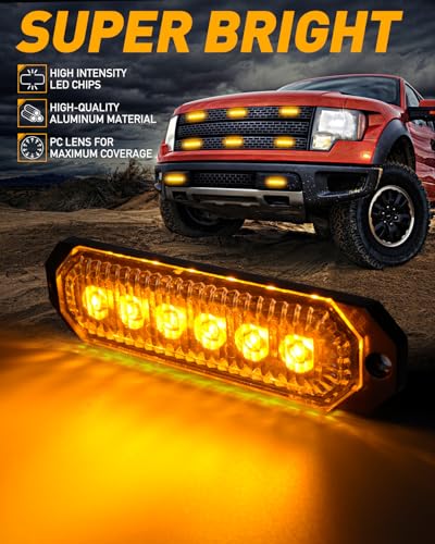 HLauto 406T Emergency Strobe Grille Lights: 4Pcs 6 LED Sync Feature Safety Warning Flashing Light, 12V-24V Ultra Slim Surface Mount Hazard Caution Light for Truck, Vehicle, Car, ATV, UTV (Amber) - color: Amber