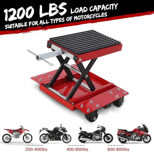 1200 LBS Motorcycle Lift, Dirt Bike Scissor Jack Lift Table with Hand Crank & Caster Wheels, 4.7"-15.4" Height Adjustable Center Hoist Stand for ATVs, Cruiser, Touring Motorcycles
