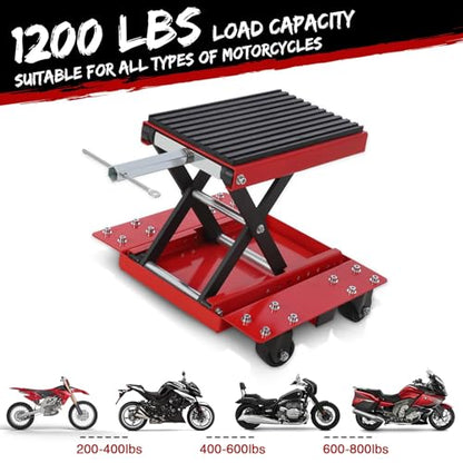 1200 LBS Motorcycle Lift, Dirt Bike Scissor Jack Lift Table with Hand Crank & Caster Wheels, 4.7"-15.4" Height Adjustable Center Hoist Stand for ATVs, Cruiser, Touring Motorcycles