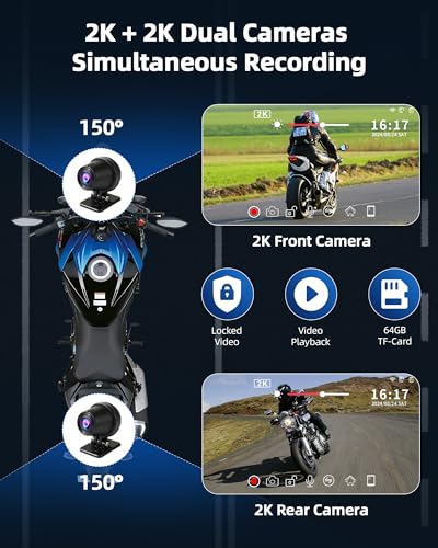 7 Inch Motorcycle Carplay Motorcycle w Dual 2K Dash Camera Wireless Apple Carplay Android Auto Screen with GPS Navigation for Motorcycles Voice Control Light Sensor Bluetooth IP67 Waterproof