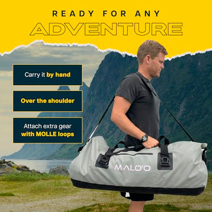 Malo’o Waterproof Dry Duffel, Heavy-Duty Roll Top Waterproof Gear Bag with Shoulder Strap & Molle Loops, Marine Duffel for Kayaking, Boating, Camping, Beach & Travel, Grey, 100L - color: Grey, size: 100L