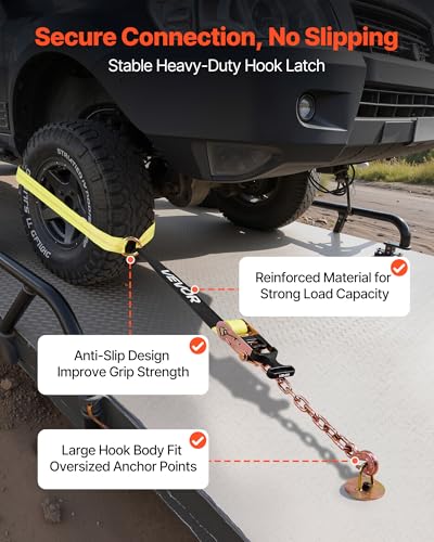 VEVOR Wheel Chock Tie-Down Kit, Tire-Style Tow Dolly Strap, Car Tie Down Kit with Heavy-Duty Hook, Break Strength 10009 lbs & Working Load 3333 lbs Motorcycle System for ATV, SUV, Snowmobiles - style: Tire-Style with Heavy Duty Hook-Yellow