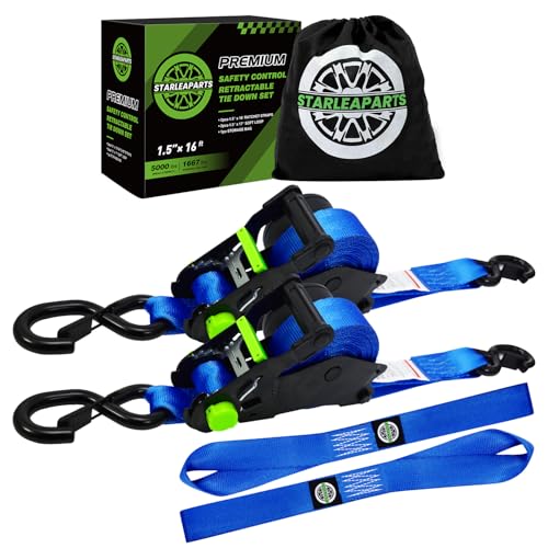 Retractable Ratchet Straps (2pk) -Patented | 1.5 in x 16 ft Heavy Duty Auto Ratchet Straps with Soft Loops | Perfect Automatic Tie Downs for Motorcycle,Kayak and Truck | Break Strength 5,000LBS/2268KG - color: Blue, size: 2PK-5,000LBS