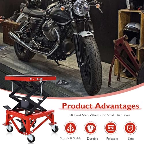 Hydraulic Motorcycle Lift Table, 350 lbs Capacity Scissor Jack Lift with Wide Deck, J-Hooks, 4 Wheels, Foot-Operated Jack Stand for ATV Dirt Bikes (Red) - color: Red