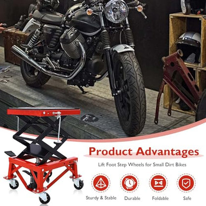 Hydraulic Motorcycle Lift Table, 350 lbs Capacity Scissor Jack Lift with Wide Deck, J-Hooks, 4 Wheels, Foot-Operated Jack Stand for ATV Dirt Bikes (Red) - color: Red