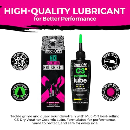 Muc-Off C3 Ceramic Dry Chain Lube 120ml + 3X Premium Bike Brush Set | Premium Bike Chain Lubricant with UV Tracer Dye | Ideal for Dry and Dusty Conditions - size: 120ml + 3 Brush Set