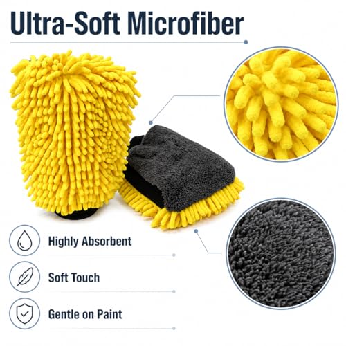 Car Wash Mitt, Double-Sided Chenille Microfiber, Yellow and Black, Waterproof