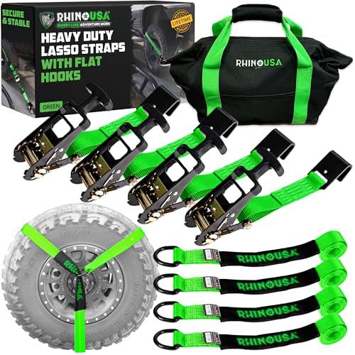 Rhino USA Car Tie Down Straps with Flat Hooks – 4 Pack 2" x8' – 10,000lbs Break Strength – Heavy Duty T-Handle Car Hauler Tire Lasso Wheel Straps for Trailers, UTV & Powersports – Green - color: Green, size: Flat-Hooks