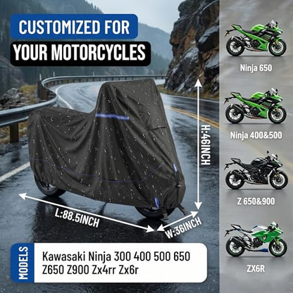 Heavy-Duty Waterproof Motorcycle Cover Fits Kawasaki Ninja 400 500 650 Z900 ZX-6R (No Trunk) for Outdoor Storage, All Weather Protection with Windproof Buckles & Multi-Vent