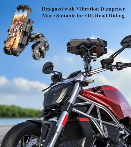BRCOVAN Anti-Shake Motorcycle Phone Mount Holder with Vibration Dampener | Fit Handlebars 0.5'' to 1.5'' in Diameter, Adjustable Cellphone Clip for Bike Bicycle Scooter ATV, Fit 5.4-6.9'' Smartphones