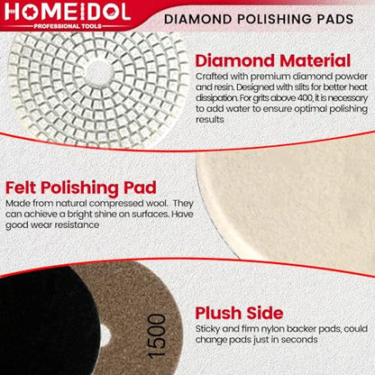 15PCS Diamond Polishing Pads Set 4 Inch, HOMEIDOL 50-8000 Grit Marble Polishing Kit for Concrete Stone, Wet/Dry Granite Polishing Kit for Drill, Grinder, Polisher with 5/8"-11 Backer Pad
