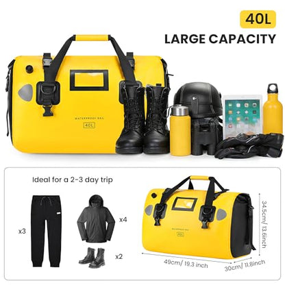 HOMIEE 40L Waterproof Duffel Bag, Waterproof Motorcycle Dry Travel Bag Tail Bag with Roll Top Closure & Shoulder Straps Outer Mesh Zipper Pocket for Camping, Kayaking, Fishing & Traveling - color: Yellow