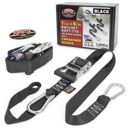 PowerTye 1.5in x 6.5ft Heavy Duty Ratchet Tie-Down Straps with Soft-Tye and Carabiner Hooks - 1,000 lb Working Load Limit / 3,000 lb Breaking Strength - Made in USA - Black/Black Pair - color: Black, size: 6.5 ft