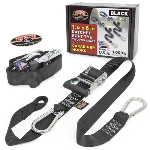PowerTye 1.5in x 6.5ft Heavy Duty Ratchet Tie-Down Straps with Soft-Tye and Carabiner Hooks - 1,000 lb Working Load Limit / 3,000 lb Breaking Strength - Made in USA - Black/Black Pair - color: Black, size: 6.5 ft
