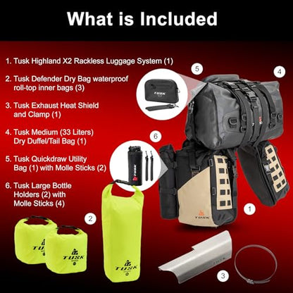 TUSK Highland X2 Rackless Luggage System w/Medium Dry Duffel/Large Bottle Holders Compatible with KTM/Husky 690-701 Heat Shield Black/Tan - color: Black/Tan, size: Medium Dry Duffel/Large Bottle Holders, style: Ktm/Husky 690-701 Heat Shield