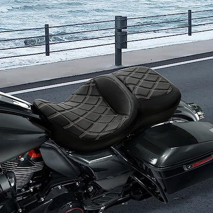 C.C. RIDER Driver Leather Passenger Seat - Fat Diamond 2-Up Gel Touring Seat Fit for Harley Touring Road King Street Glide Road Glide Electra Glide 2009-2023, Gray Brown Lattice - color: 11# Gel Grey with Coffee Stitches