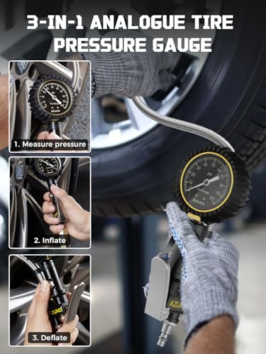 Analog Tire Inflator Gauge with Steel Braided Hose, 100 PSI Mechanical Tire Pressure Gauge – 3-in-1 Inflate/Deflate/Measure, 2.6" Glow Dial, Air Chuck for Car, Truck, SUV, RV, Bike (with Case) - size: 100 PSI Analog-Precision