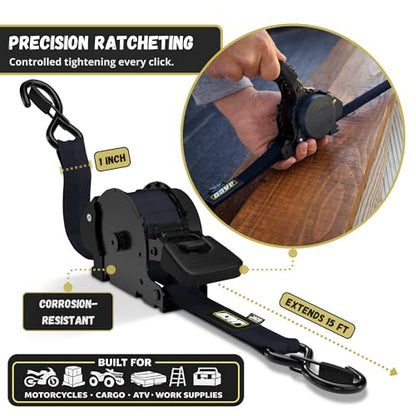 JACO Retractable Ratchet Straps - 1 in x 15 ft (2-Pack) (1,760lbs Break Strength) | Auto Self Retracting Cargo Tie Down Strap Set (Black) - color: Black, size: 2-Pack