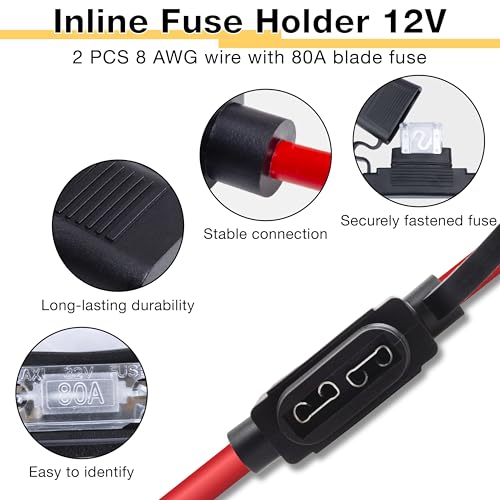 ecocstm 2 PCS Inline Fuse Holders 12V, 8 AWG Car Gauge Inline Fuses, Waterproof Fuse Holder with 80A Maxi Blade Fuses for Automotive, Marine, Golf Cart Lighting, Electrical Circuits - size: 2 PCS 8AWG