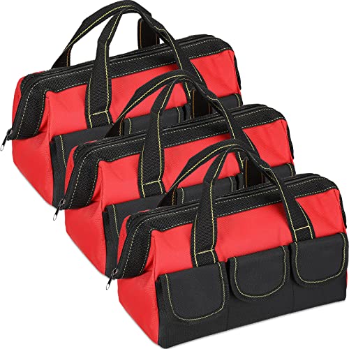 Sanwuta 3 Pack Tool Bag for Men with Waterproof Hard Bottom, Heavy Duty Tool Bag Wide Mouth Tote for Various Instrument, Electrician Carpenter Mechanic(Red,18 Inch,Classic) - color: Red, size: 18 Inch, style: Classic