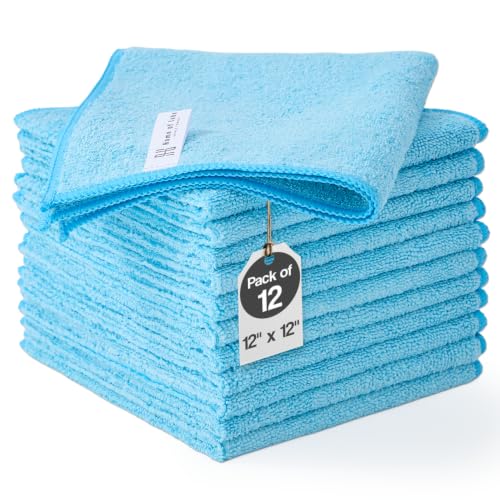 Microfiber Cleaning Cloth 12 Pack, 12x12 Inch Lint Free Streak Free Towels, Ultra Absorbent Cleaning Rags for Cars, Auto Detailing, Kitchen & Windows (12, Blue) - color: Blue