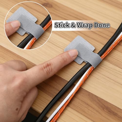 60PCS Hook and Loop Cable Straps, Self Adhesive Cable Clips, Reusable Hook and Loop Cables Ties for Cord Management, Adjustable Cables Organizers for Home & Office, Gray Black White