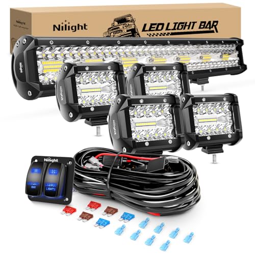 Nilight 20Inch 420W Triple Row Spot Flood Combo Led Light Bar Work Driving Lamp 4Pcs 4Inch 60W Cube LED Pods Lights with Wiring Harness Kit for Trucks Jeeps ATVs UTVs Motorcycles Ships Yachts-5 Leads - color: White - 20Inch Light Bar + 4Pcs 4Inch Pods + W