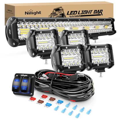 Nilight 20Inch 420W Triple Row Spot Flood Combo Led Light Bar Work Driving Lamp 4Pcs 4Inch 60W Cube LED Pods Lights with Wiring Harness Kit for Trucks Jeeps ATVs UTVs Motorcycles Ships Yachts-5 Leads - color: White - 20Inch Light Bar + 4Pcs 4Inch Pods + W