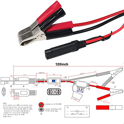 SAE to Battery Alligator Clip - 12V SAE 2Pin Quick Disconnect Cable 10ft SAE to Battery Clamp Cord 15A Fuse (10FT)