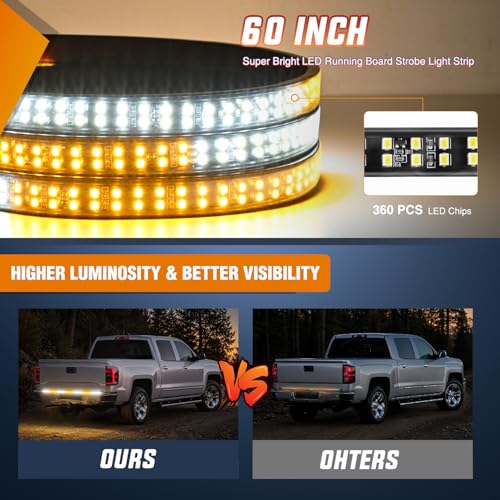 Nilight 60 Inch Truck Tailgate Strobe Light Strip Tail Emergency Bar Rear Window Warning Lamp Ultra-Bright Double Row 360 LED for Pickup Trailers Construction Vehicles Car SUV, Amber White - color: 60" Tailgte Strobe Amber White