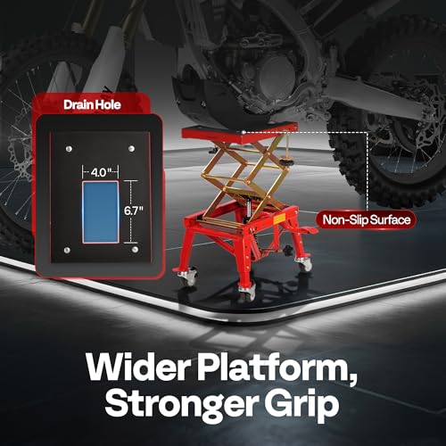 VIVOHOME 350 Lbs Heavy Duty Hydraulic Motorcycle Lift Jack, ATV Dirt Bike Foot Operated Scissor Stand Table with 4 Wheels and Removable Stopper, Red - color: Red