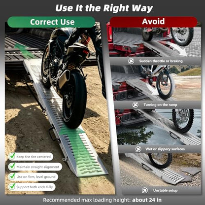 Folding Motorcycle Loading Ramp for Pickup Truck & Trailer, 485 lb Steel Ramp with 2 Dual-Hook Ratchet Straps, Carry Handle and Locking Latch, Dirt Bike Ramp, 72.7" x 8.9", 1 Pack - size: Perforated Surface - 1 Pack - 485 lb
