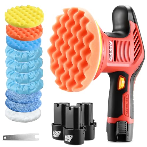 AOBEN Cordless Car Polisher,6 Inch Car buffer Waxer Kit with 3X2000mAh Batteries,6 Variable Speed &10 Polishing Pads,Brushless Cordless Polisher for Car Detailing/Waxing/Polishing/Scratch Removing