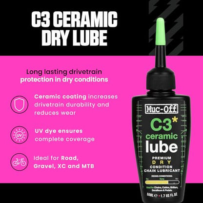 Muc-Off C3 Ceramic Dry Chain Lube, 50 Milliliters - Premium Bike Chain Lubricant with UV Tracer Dye - Formulated for Dry and Dusty Weather Conditions, Green - size: 50ml