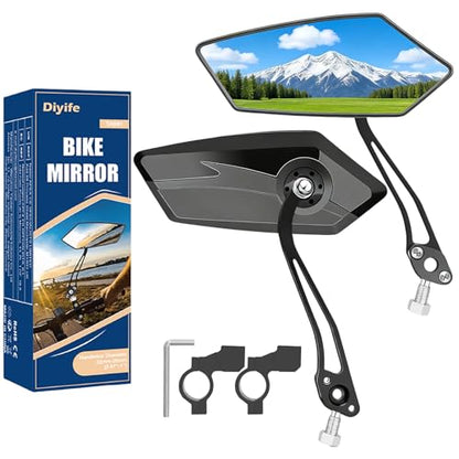 Diyife Bike Mirror 1 Pair, [New Version] HD Wide Angle Large Handlebar Rearview Mirror, Blast-Resistant 360°Adjustable Bicycle Rear View Mirror Accessories for Ebike Mountain Road Bike - size: 2 PCS-Black