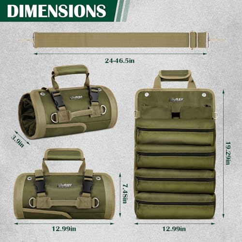 Tool Roll Up Bag Organizer, Heavy Duty Waterproof Tool Roll Bag with Detachable Pouches, Portable Tool Organizer for Mechanic, Electrician, Car Truck Motorcycle Tool Storage, Green