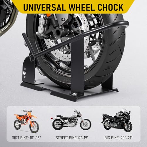 Motorcycle Wheel Chock Stand, Adjustable Front Wheel Chock with 3 Position Steel Cradle, Fits 15-21 in Wheels, 3-6.5 in Tires, Heavy Duty Tire Holder for Garage Trailer Truck