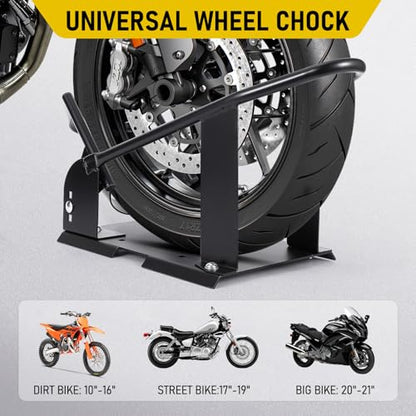 Motorcycle Wheel Chock Stand, Adjustable Front Wheel Chock with 3 Position Steel Cradle, Fits 15-21 in Wheels, 3-6.5 in Tires, Heavy Duty Tire Holder for Garage Trailer Truck